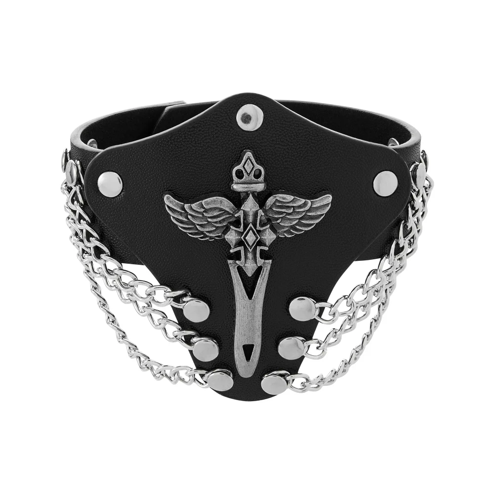 Black and Silvertone Winged Triple Chain Cuff Bracelet