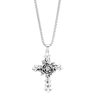 Silverplated Rose Cross Pendant Chain Necklace