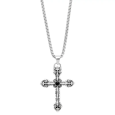 Silverplated Black Stone Cross Pendant Chain Necklace