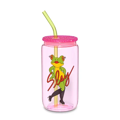 Slay Frog Rhinestone Glass Cup with Straw - 16 oz.