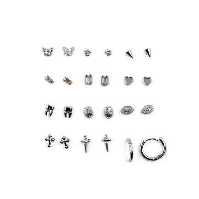 Multi-Pack Gothic Rebel Silvertone Stud and Hoop Earrings - 12 Pair
