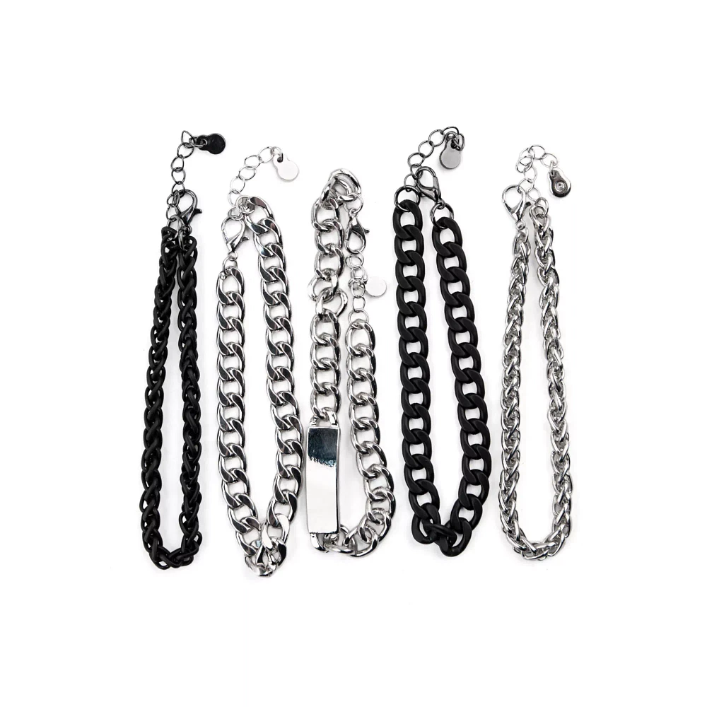 Multi-Pack Black and Silvertone Curb Chain Bracelets - 5 Pack
