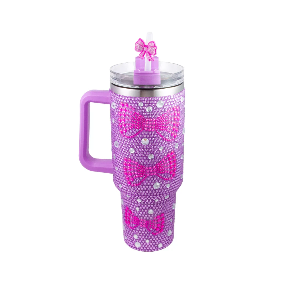 Purple and Pink Bedazzled Bow Tumbler with Straw - 40 oz.