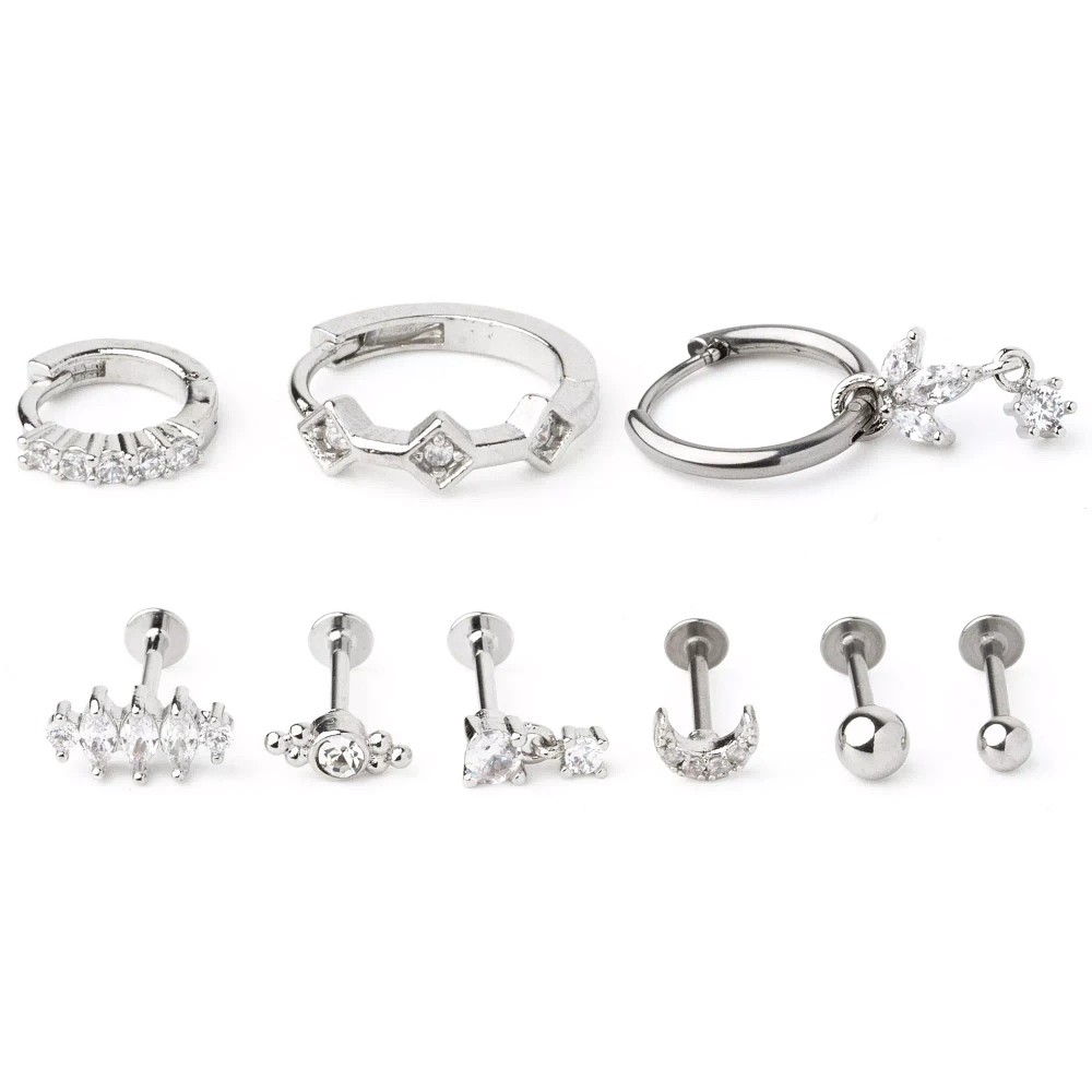 Multi-Pack CZ Moon and Weed Leaf Cartilage Earrings 9 Pack - 18 Gauge