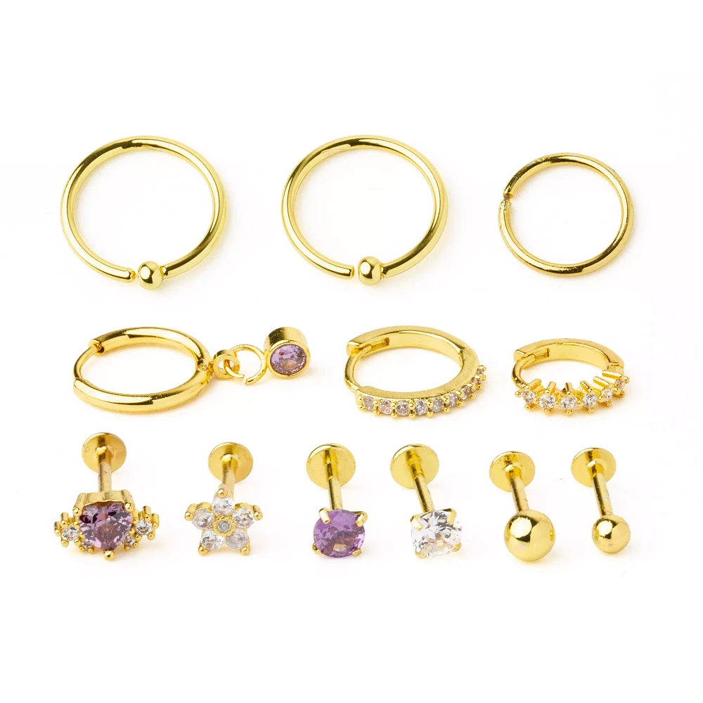 Multi-Pack CZ Purple and Clear Goldtone Cartilage Earrings 12 Pack - 18 Gauge