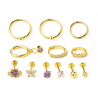 Multi-Pack CZ Purple and Clear Goldtone Cartilage Earrings 12 Pack - 18 Gauge