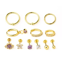 Multi-Pack CZ Purple and Clear Goldtone Cartilage Earrings 12 Pack - 18 Gauge