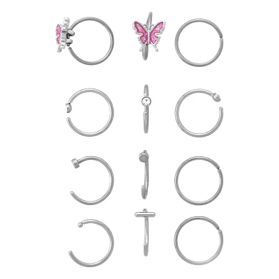 Multi-Pack CZ Pink Butterfly Titanium Hoop and Half Hoop Nose Rings 12 Pack - 20 Gauge