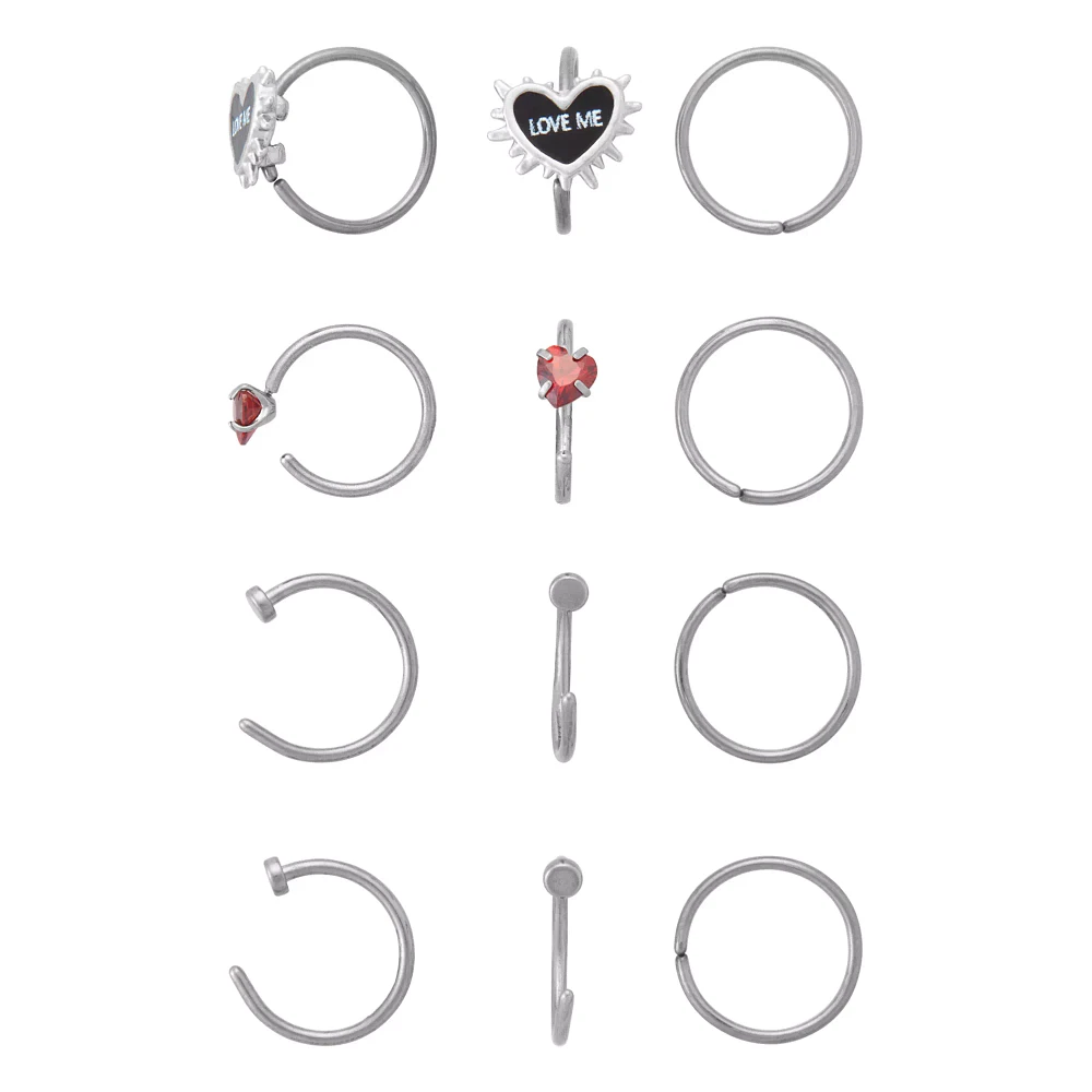 Multi-Pack CZ Heart Love Me Titanium Hoop and Half Hoop Nose Rings 12 Pack - 20 Gauge