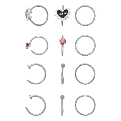 Multi-Pack CZ Heart Love Me Titanium Hoop and Half Hoop Nose Rings 12 Pack - 20 Gauge