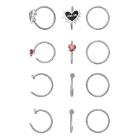 Multi-Pack CZ Heart Love Me Titanium Hoop and Half Hoop Nose Rings 12 Pack - 20 Gauge