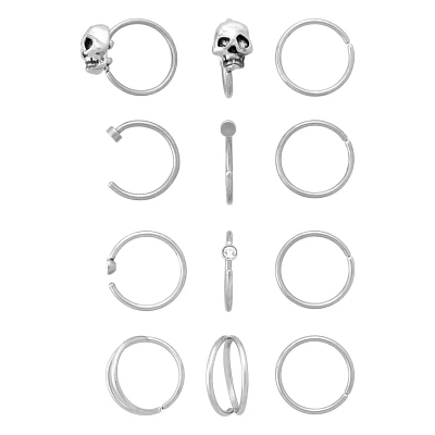 Multi-Pack CZ Skull Titanium Hoop and Half Hoop Nose Rings 12 Pack - 20 Gauge