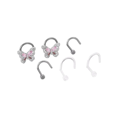 Multi-Pack CZ Pink Butterfly Titanium Screw Nose Rings 6 Pack - 20 Gauge