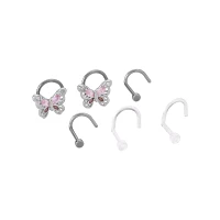 Multi-Pack CZ Pink Butterfly Titanium Screw Nose Rings 6 Pack - 20 Gauge