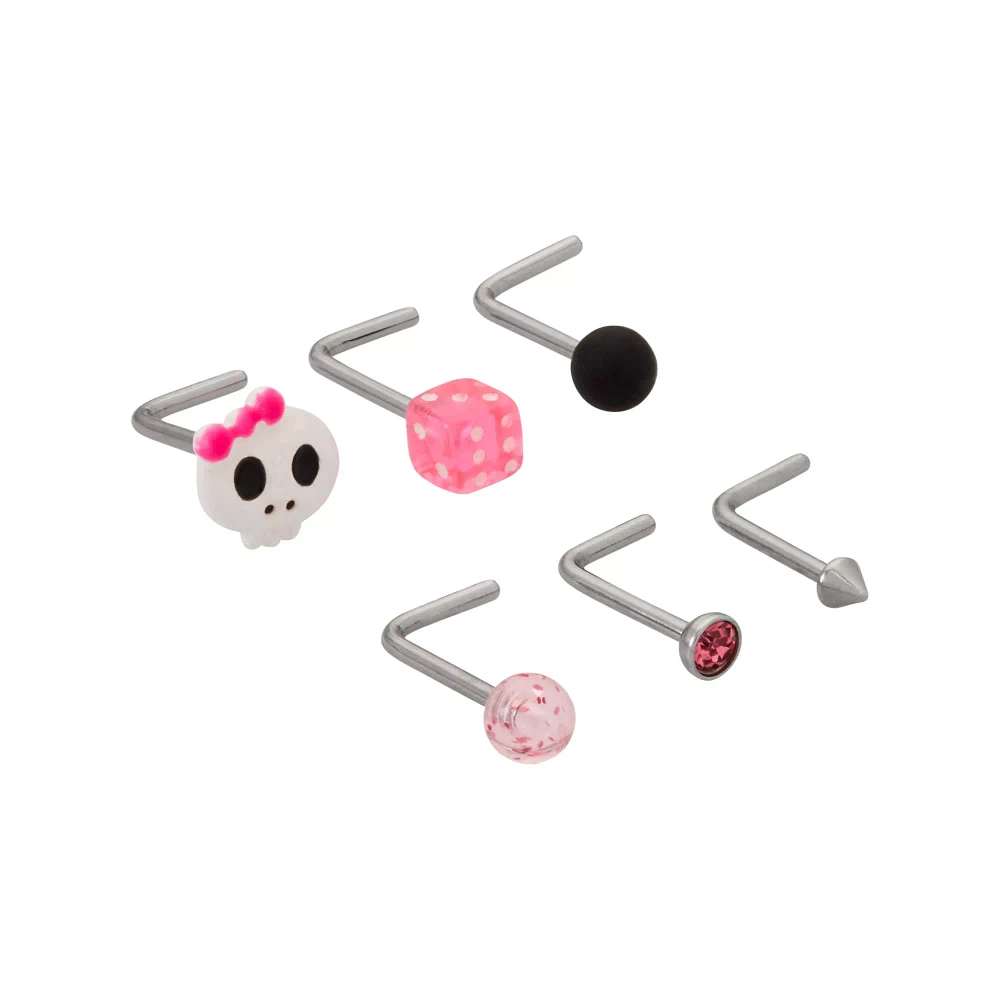 Multi-Pack CZ Pink Skull and Dice L-Bend Nose Rings 6 Pack - 20 Gauge