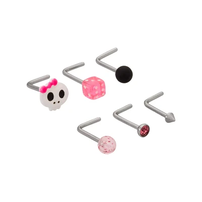 Multi-Pack CZ Pink Skull and Dice L-Bend Nose Rings 6 Pack - 20 Gauge