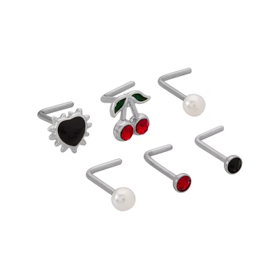Multi-Pack CZ Cherry and Heart L-Bend Nose Rings 6 Pack - 20 Gauge