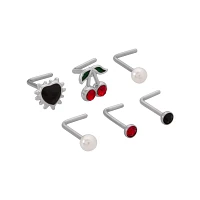 Multi-Pack CZ Cherry and Heart L-Bend Nose Rings 6 Pack - 20 Gauge