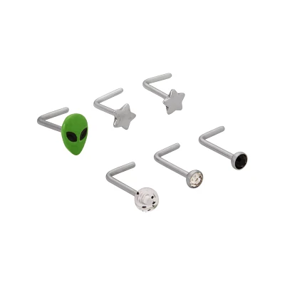Multi-Pack CZ Alien and Star L-Bend Nose Rings 6 Pack - 20 Gauge