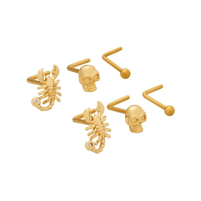 Multi-Pack Skull and Scorpion Goldtone L-Bend Nose Rings 6 Pack - 20 Gauge