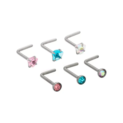 Multi-Pack Multi-Color CZ Heart Titanium L-Bend Nose Rings 6 Pack - 20 Gauge