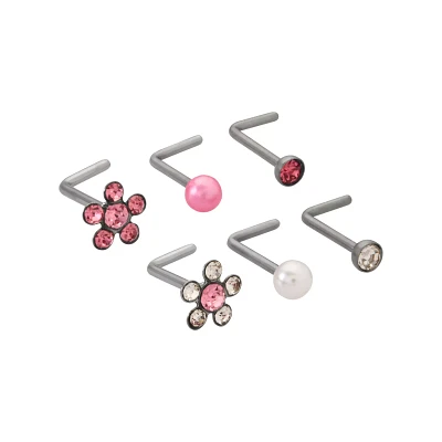 Multi-Pack Pink CZ Flower Titanium L-Bend Nose Rings 6 Pack - 20 Gauge