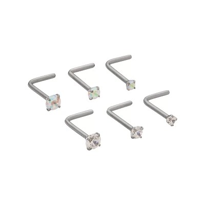 Multi-Pack Prong CZ Titanium L-Bend Nose Rings 6 Pack - 20 Gauge