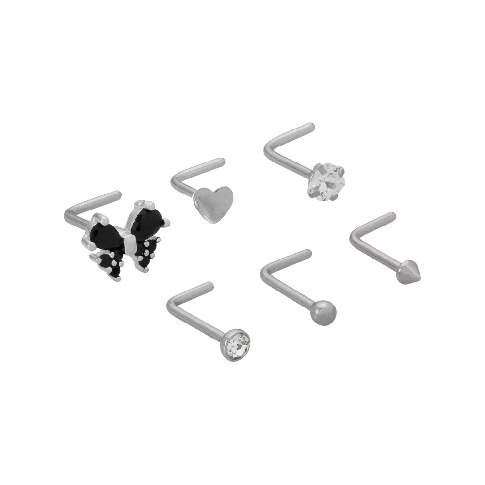 Multi-Pack CZ Black Butterfly and Heart L-Bend Nose Rings 6 Pack - 20 Gauge