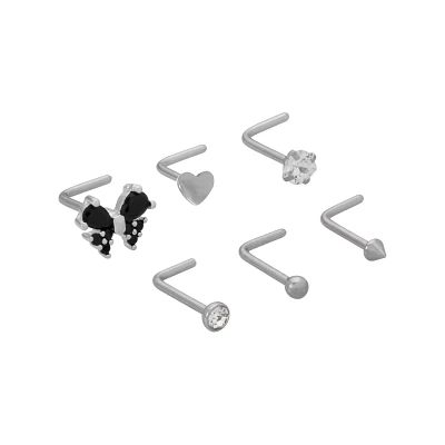 Multi-Pack CZ Black Butterfly and Heart L-Bend Nose Rings 6 Pack - 20 Gauge