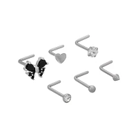 Multi-Pack CZ Black Butterfly and Heart L-Bend Nose Rings 6 Pack - 20 Gauge