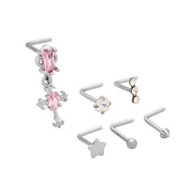 Multi-Pack CZ Star and Dangle Cross L-Bend Nose Rings 6 Pack - 20 Gauge