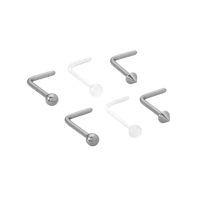 Multi-Pack Silvertone and Clear L-Bend Nose Rings 6 Pack - 20 Gauge