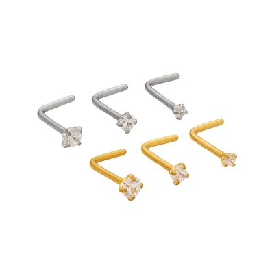 Multi-Pack Prong CZ Silvertone and Goldtone L-Bend Nose Rings 6 Pack - 20 Gauge