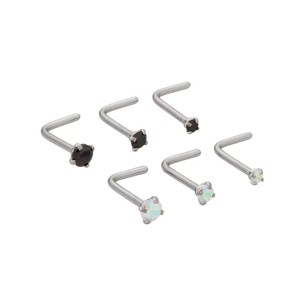 Multi-Pack Prong Black CZ L-Bend Nose Rings 6 Pack - 20 Gauge