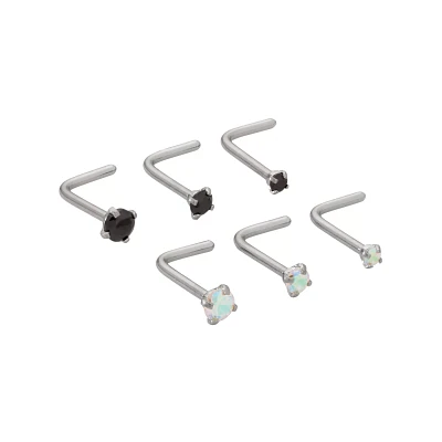 Multi-Pack Prong Black CZ L-Bend Nose Rings 6 Pack - 20 Gauge