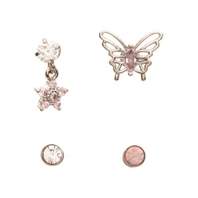 Multi-Pack CZ Pink Butterfly Star Cartilage Earrings 4 Pack  - 18 Gauge