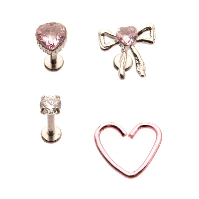 Multi-Pack CZ Pink Bow Heart Cartilage Earrings 4 Pack - 18 Gauge