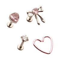 Multi-Pack CZ Pink Bow Heart Cartilage Earrings 4 Pack - 18 Gauge