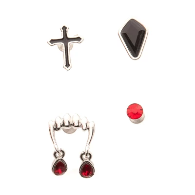Multi-Pack CZ Red and Black Fangs Cross Cartilage Earrings 4 Pack - 18 Gauge