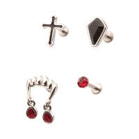 Multi-Pack CZ Red and Black Fangs Cross Cartilage Earrings 4 Pack - 18 Gauge