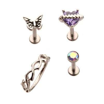 Multi-Pack CZ Purple Heart Butterfly Cartilage Earrings 4 Pack - 18 Gauge