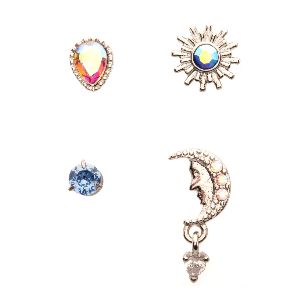 Multi-Pack CZ Sun Moon Cartilage Earrings 4 Pack - 18 Gauge