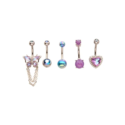 Multi-Pack Purple Blue and Silver Butterfly Heart Belly Rings 5 Pack - 14 Gauge