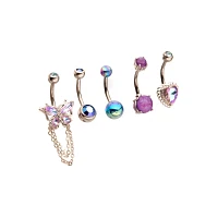 Multi-Pack Purple Blue and Silver Butterfly Heart Belly Rings 5 Pack - 14 Gauge