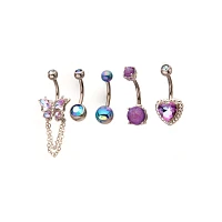Multi-Pack Purple Blue and Silver Butterfly Heart Belly Rings 5 Pack - 14 Gauge