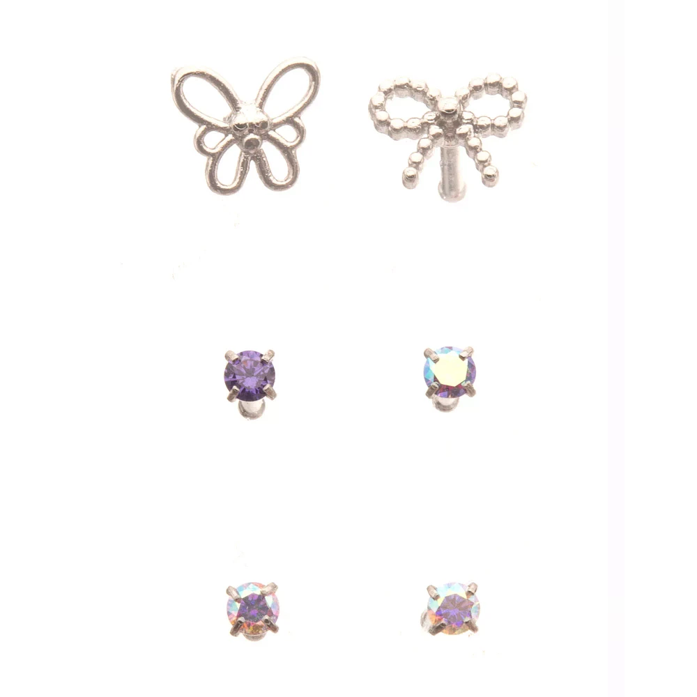 Multi-Pack Silver Butterfly Bow and Iridescent Gem Nose Pins 6 Pack - 20 Gauge