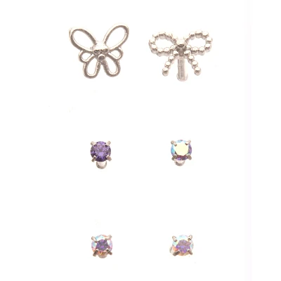 Multi-Pack Silver Butterfly Bow and Iridescent Gem Nose Pins 6 Pack - 20 Gauge