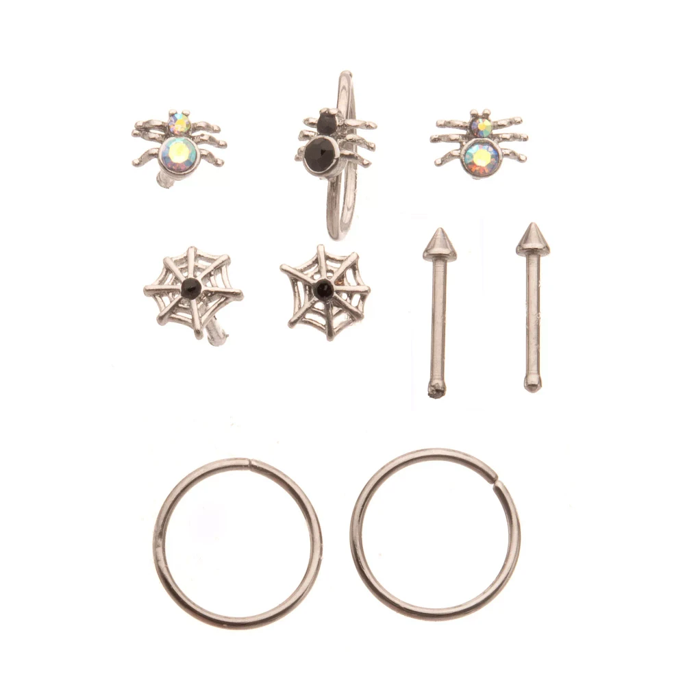 Multi-Pack CZ Spiderweb Nose Pins and Hoop 9 Pack - 20 Gauge
