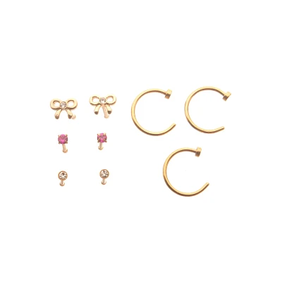 Multi-Pack CZ Bow Nose Pin and Hoop Rings 9 Pack - 20 Gauge