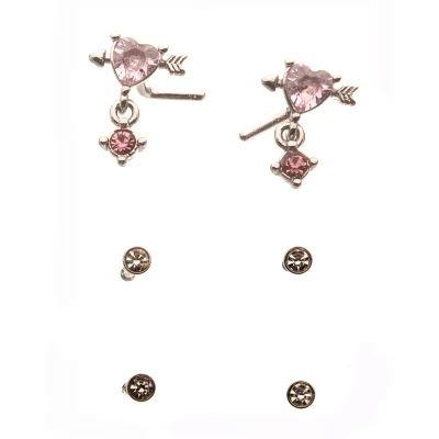 Multi-Pack Lovestruck Heart Dangle and Basic Nose Pins 6 Pack - 20 Gauge